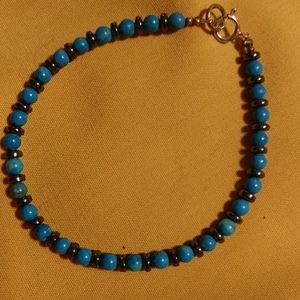 -99.9 SILVER/KINGSMAN TURQUOISE/OVAL HEMATITE/BEADED 8.5" BRACELET.(B-92221)